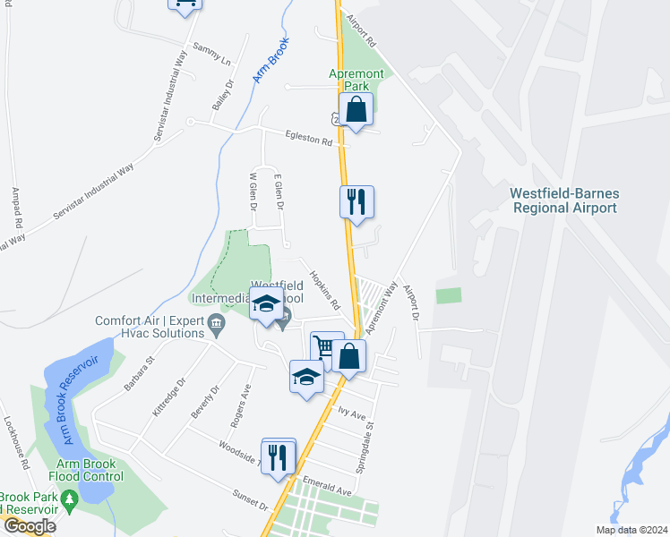 map of restaurants, bars, coffee shops, grocery stores, and more near 480 Southampton Road in Westfield