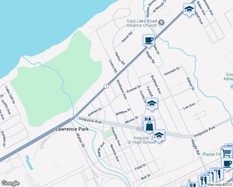 map of restaurants, bars, coffee shops, grocery stores, and more near 530 Silliman Avenue in Erie