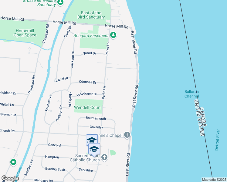 map of restaurants, bars, coffee shops, grocery stores, and more near 21035 Parke Lane in Grosse Ile Township