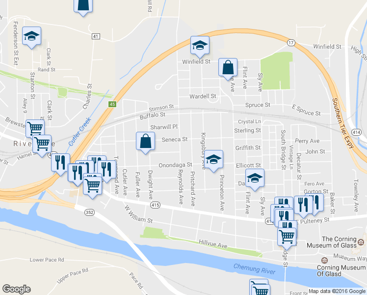 map of restaurants, bars, coffee shops, grocery stores, and more near 198 Reynolds Avenue in Corning