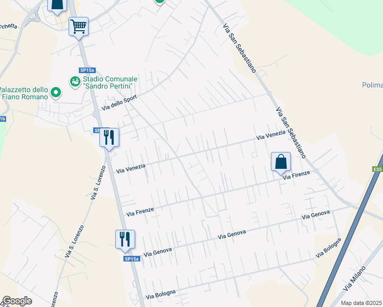 map of restaurants, bars, coffee shops, grocery stores, and more near 33 Via Venezia in Fiano Romano