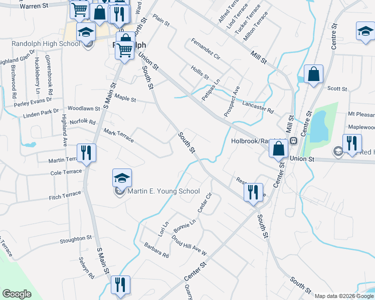 map of restaurants, bars, coffee shops, grocery stores, and more near 189 South Street in Randolph