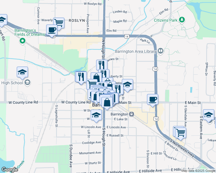 map of restaurants, bars, coffee shops, grocery stores, and more near 113 Washington Street in Barrington