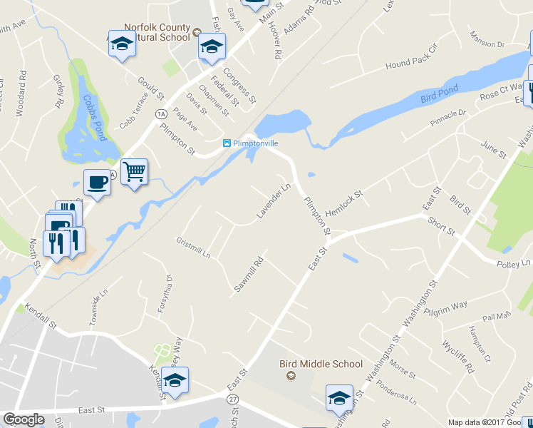 map of restaurants, bars, coffee shops, grocery stores, and more near 16 Lavender Lane in Walpole