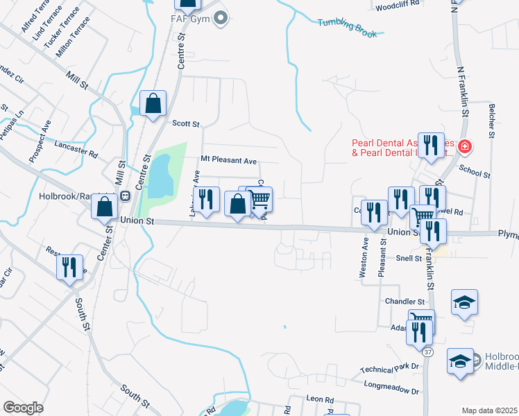 map of restaurants, bars, coffee shops, grocery stores, and more near 28 Cedarhill Road in Holbrook