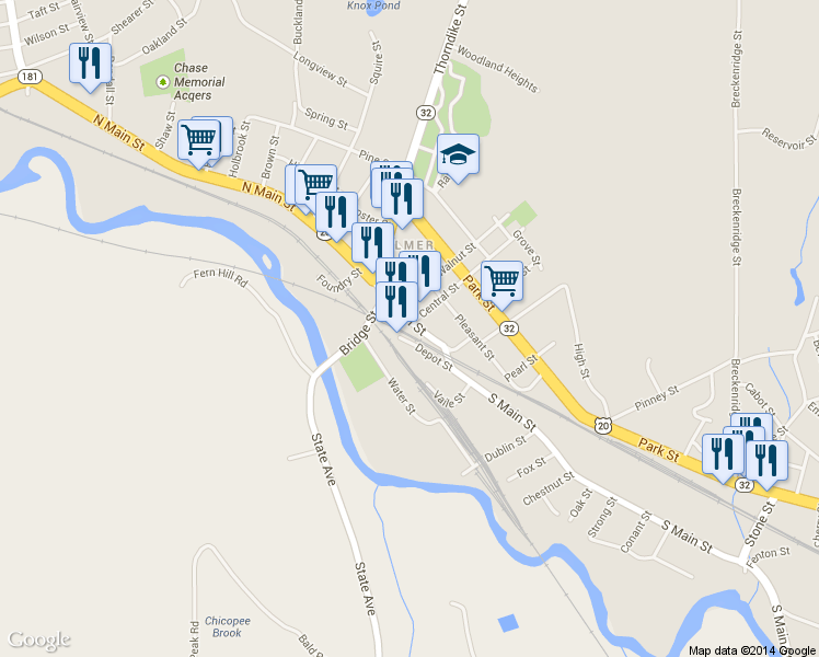 map of restaurants, bars, coffee shops, grocery stores, and more near 1354 Main St in Palmer