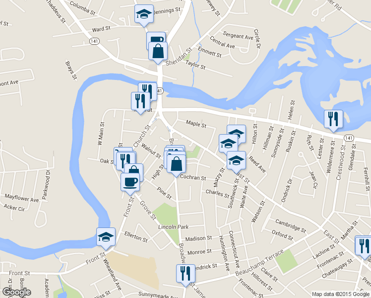 map of restaurants, bars, coffee shops, grocery stores, and more near 3 North Chicopee Street in Chicopee