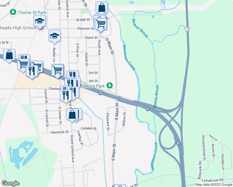map of restaurants, bars, coffee shops, grocery stores, and more near South Main Street in Horseheads
