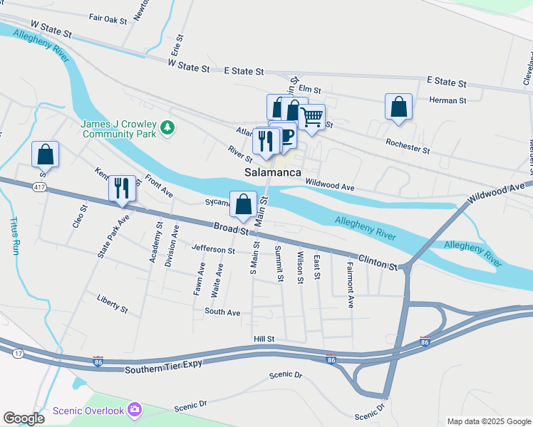 map of restaurants, bars, coffee shops, grocery stores, and more near 34 Main Street in Salamanca