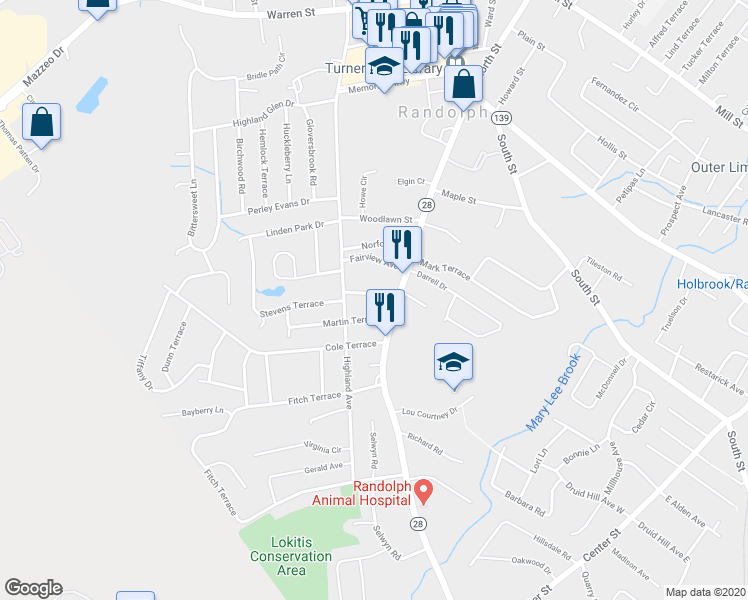 map of restaurants, bars, coffee shops, grocery stores, and more near 32 Fairmount Street in Randolph