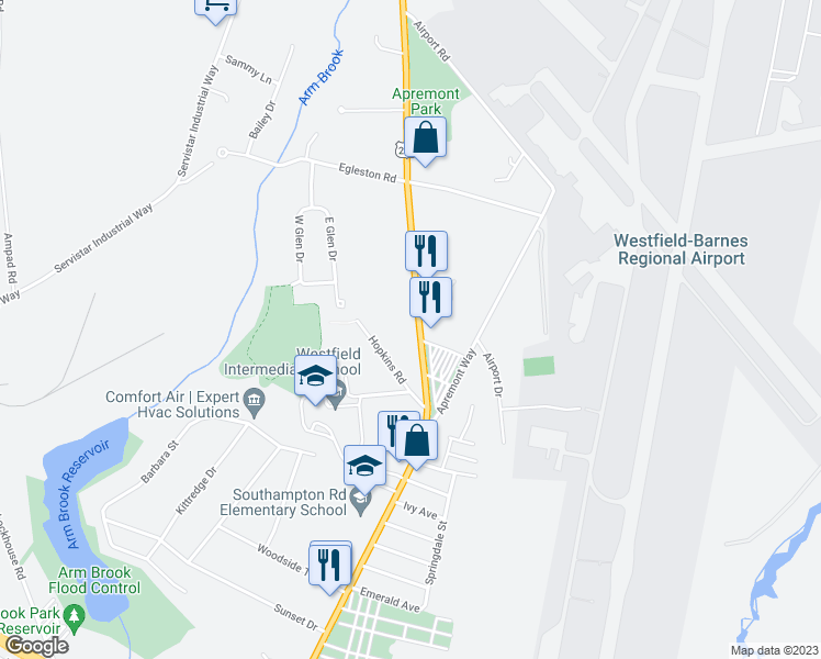 map of restaurants, bars, coffee shops, grocery stores, and more near 480 Southampton Road in Westfield