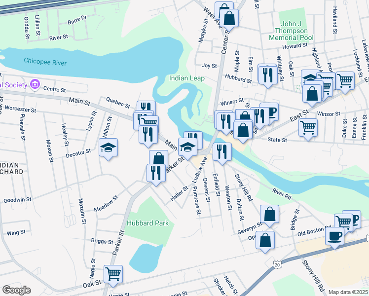 map of restaurants, bars, coffee shops, grocery stores, and more near 512 Main Street in Springfield