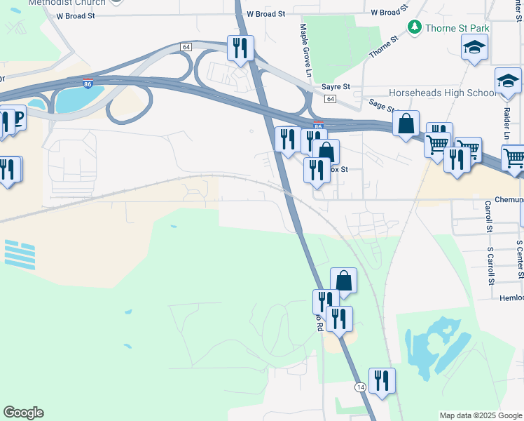 map of restaurants, bars, coffee shops, grocery stores, and more near 39 Philo Road West in Elmira