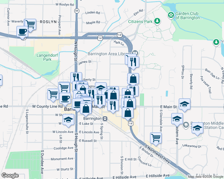 map of restaurants, bars, coffee shops, grocery stores, and more near 207 North Avenue in Barrington