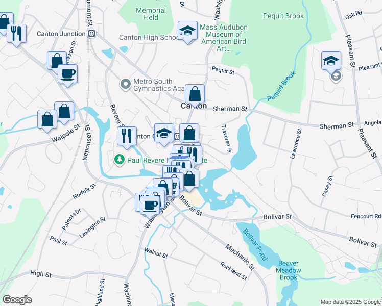 map of restaurants, bars, coffee shops, grocery stores, and more near 699 Washington Street in Canton