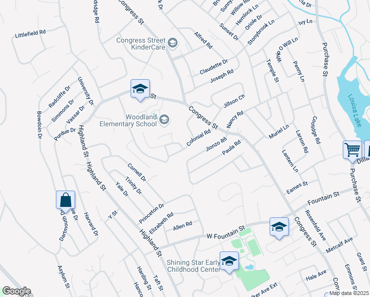 map of restaurants, bars, coffee shops, grocery stores, and more near 15 Colonial Rd in Milford