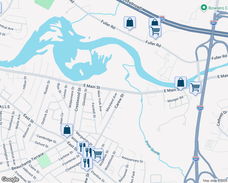 map of restaurants, bars, coffee shops, grocery stores, and more near 694 East Main Street in Chicopee