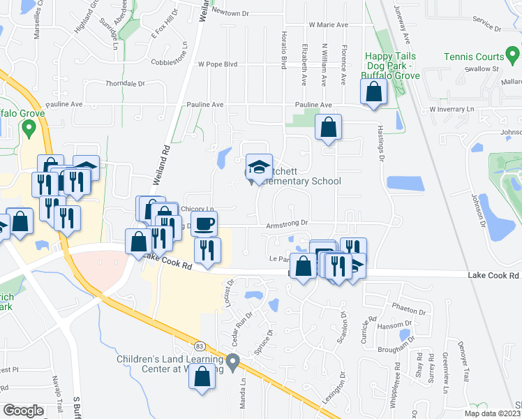 map of restaurants, bars, coffee shops, grocery stores, and more near 107 Horatio Boulevard in Buffalo Grove