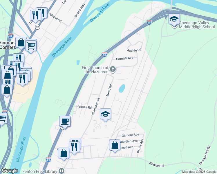 map of restaurants, bars, coffee shops, grocery stores, and more near 1233 Mead Rd in Binghamton
