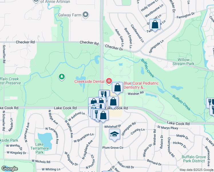map of restaurants, bars, coffee shops, grocery stores, and more near 135 North Arlington Heights Road in Buffalo Grove