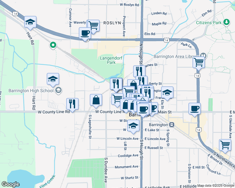 map of restaurants, bars, coffee shops, grocery stores, and more near 200 Applebee Street in Barrington