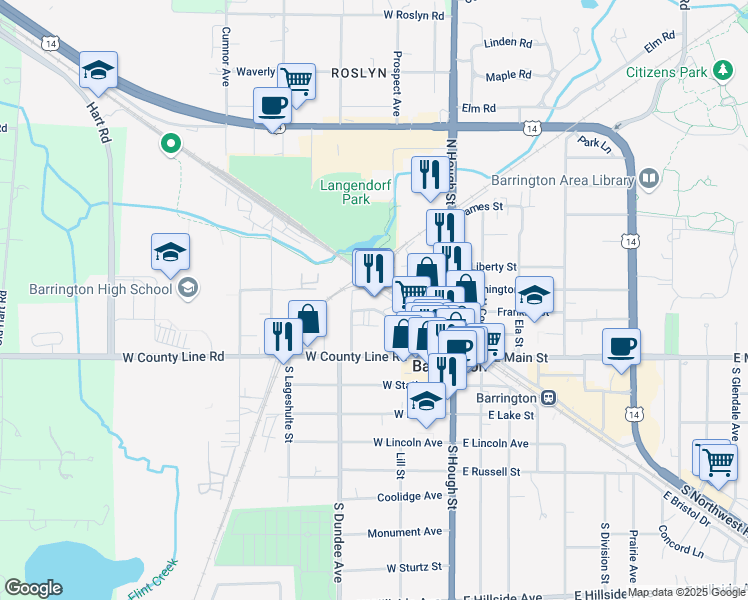 map of restaurants, bars, coffee shops, grocery stores, and more near 200 Applebee Street in Barrington