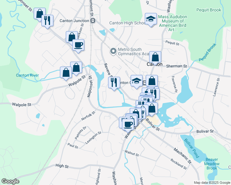 map of restaurants, bars, coffee shops, grocery stores, and more near 96 Revere Street in Canton