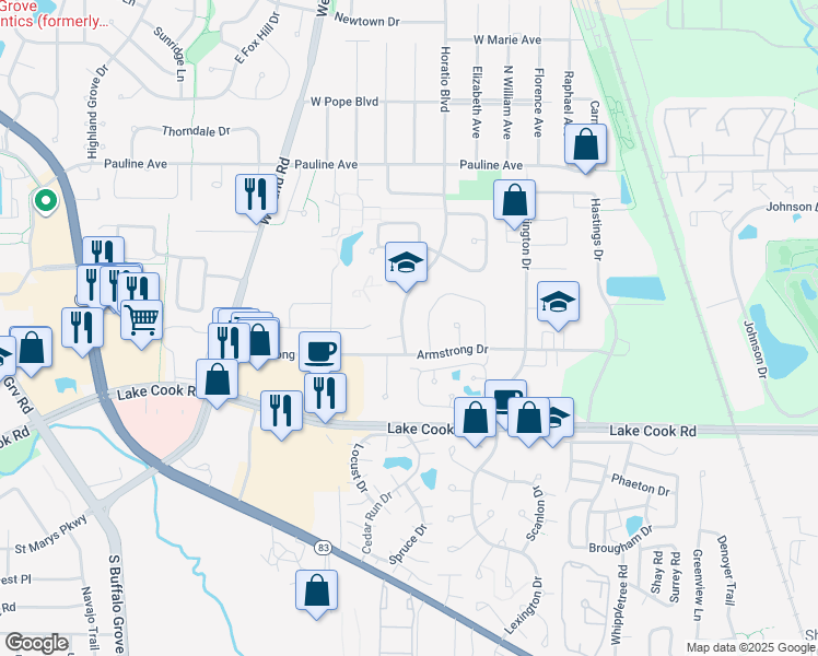 map of restaurants, bars, coffee shops, grocery stores, and more near 120 Horatio Boulevard in Buffalo Grove