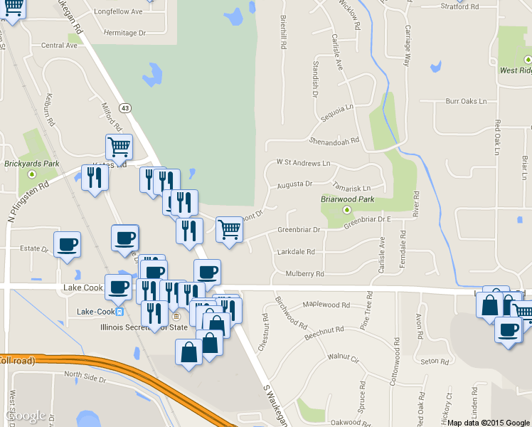 map of restaurants, bars, coffee shops, grocery stores, and more near 165 Exmoor Court in Deerfield
