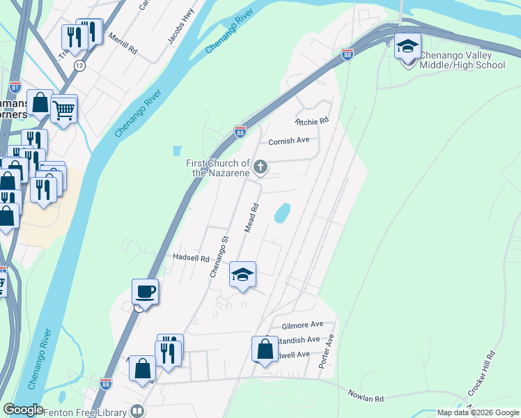 map of restaurants, bars, coffee shops, grocery stores, and more near 1233 Mead Rd in Binghamton