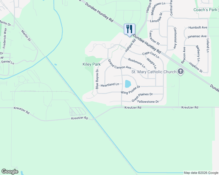 map of restaurants, bars, coffee shops, grocery stores, and more near 10895 Heartland Lane in Huntley
