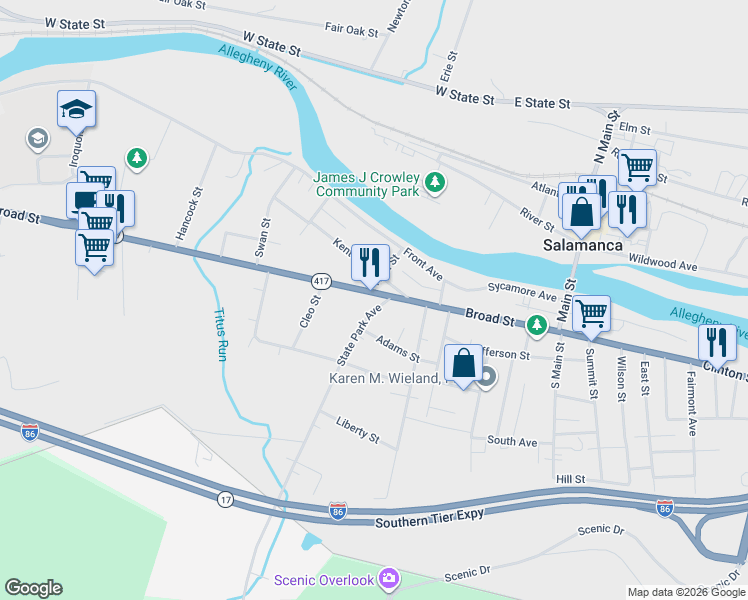 map of restaurants, bars, coffee shops, grocery stores, and more near 219 Broad Street in Salamanca
