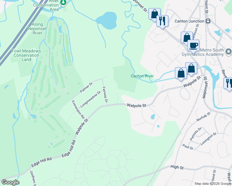 map of restaurants, bars, coffee shops, grocery stores, and more near 353 Walpole Street in Canton