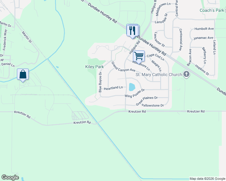 map of restaurants, bars, coffee shops, grocery stores, and more near 10895 Heartland Lane in Huntley