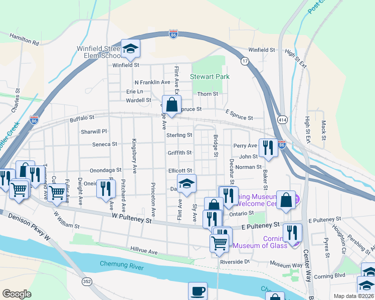 map of restaurants, bars, coffee shops, grocery stores, and more near 77 Griffith Street in Corning