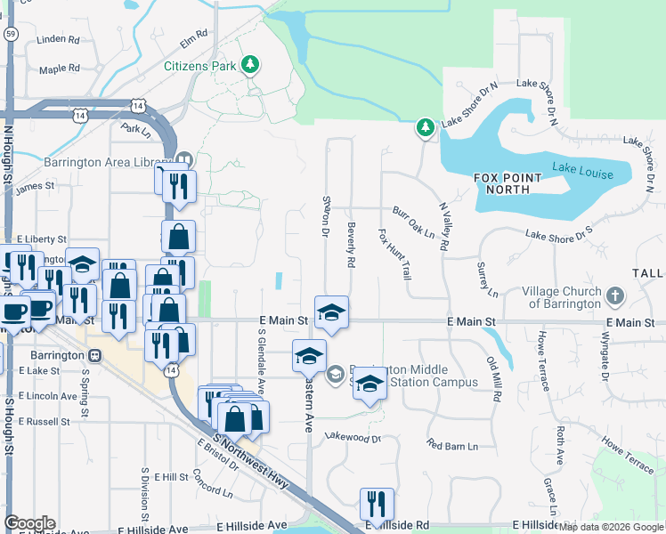 map of restaurants, bars, coffee shops, grocery stores, and more near 231 Sharon Drive in Barrington