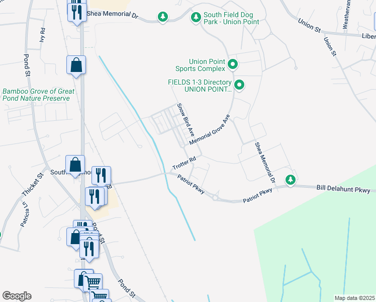 map of restaurants, bars, coffee shops, grocery stores, and more near 210 Trotter Road in Weymouth