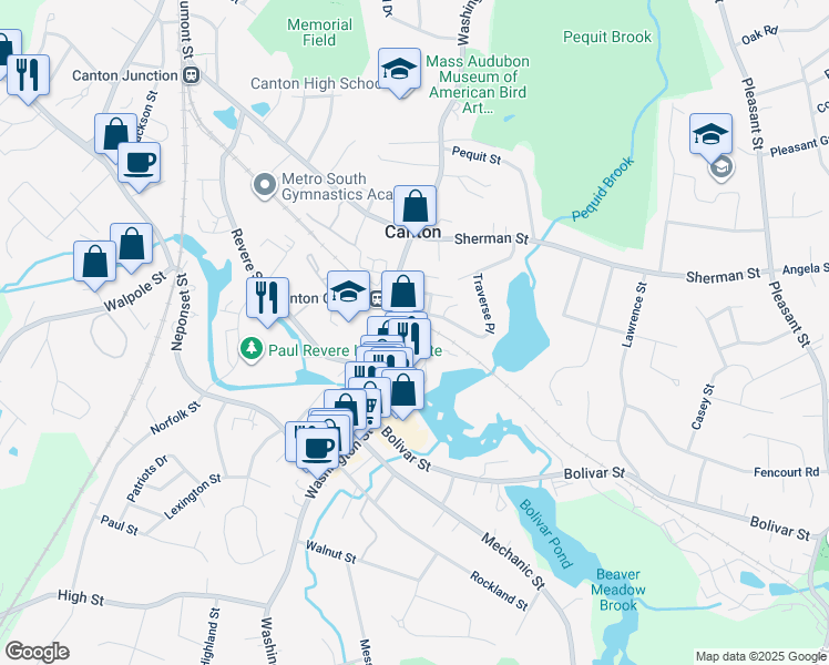 map of restaurants, bars, coffee shops, grocery stores, and more near 699 Washington Street in Canton