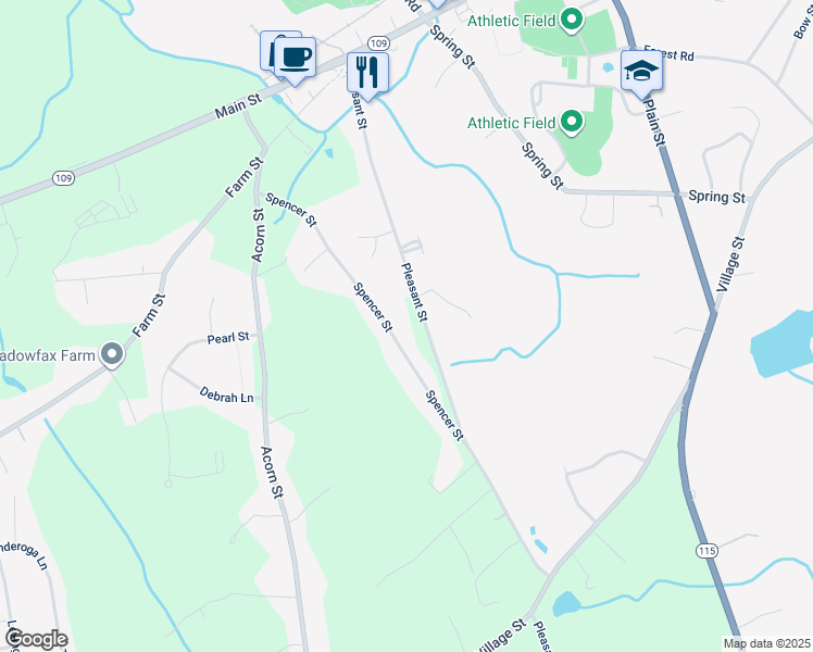 map of restaurants, bars, coffee shops, grocery stores, and more near 64 Spencer Street in Millis