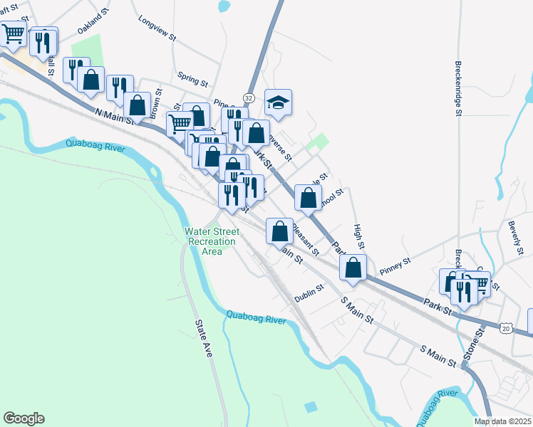 map of restaurants, bars, coffee shops, grocery stores, and more near 1321 Main Street in Palmer
