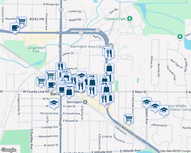 map of restaurants, bars, coffee shops, grocery stores, and more near 437 Washington Street in Barrington
