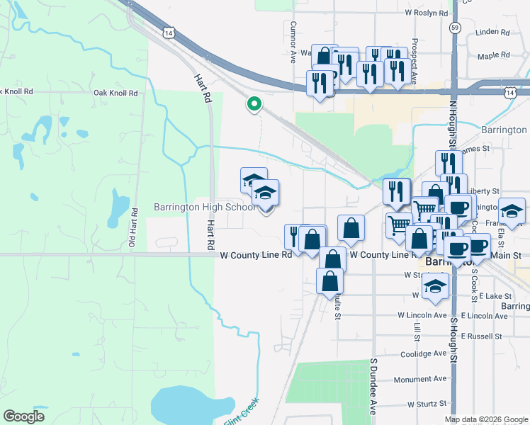 map of restaurants, bars, coffee shops, grocery stores, and more near 616 West Main Street in Barrington