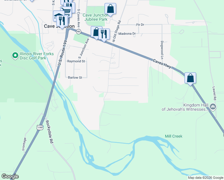 map of restaurants, bars, coffee shops, grocery stores, and more near 425 South Old Stage Road in Cave Junction