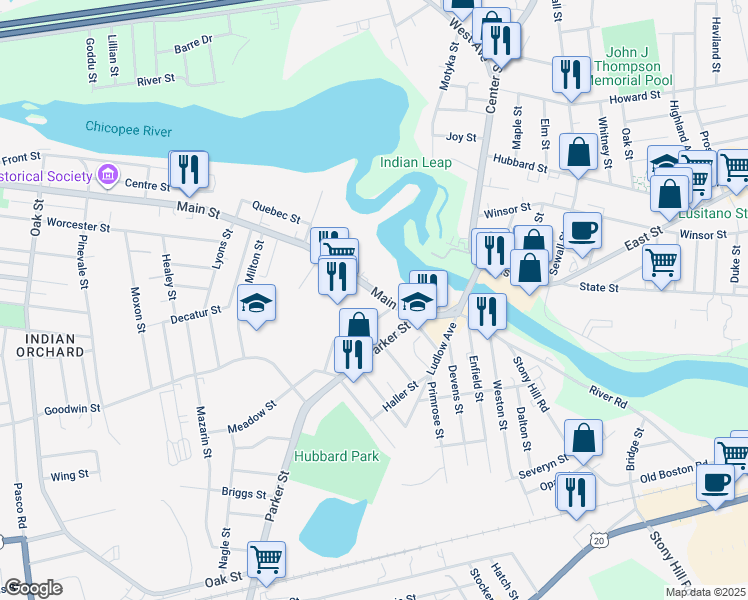map of restaurants, bars, coffee shops, grocery stores, and more near 485 Massachusetts 141 in Springfield