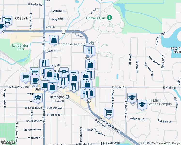map of restaurants, bars, coffee shops, grocery stores, and more near 227 North Northwest Highway in Barrington