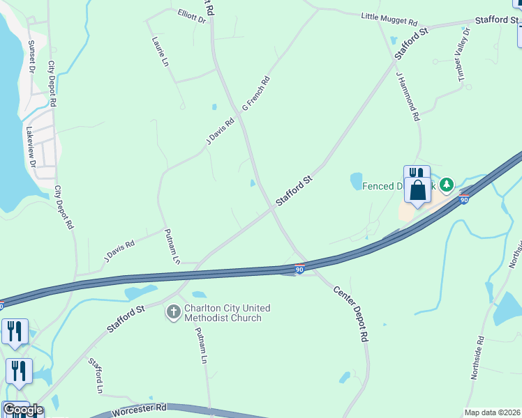 map of restaurants, bars, coffee shops, grocery stores, and more near 116 Stafford Street in Charlton