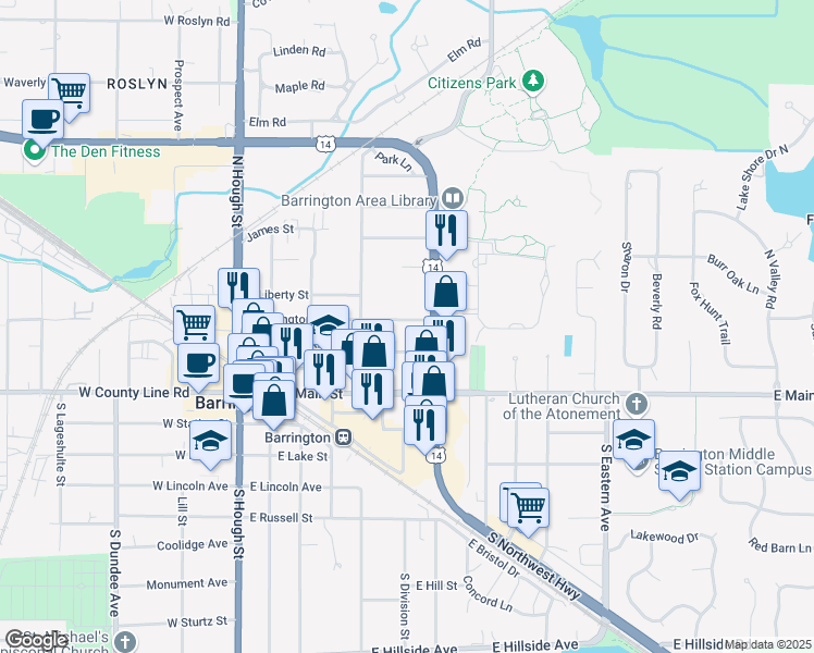 map of restaurants, bars, coffee shops, grocery stores, and more near 437 Washington Street in Barrington