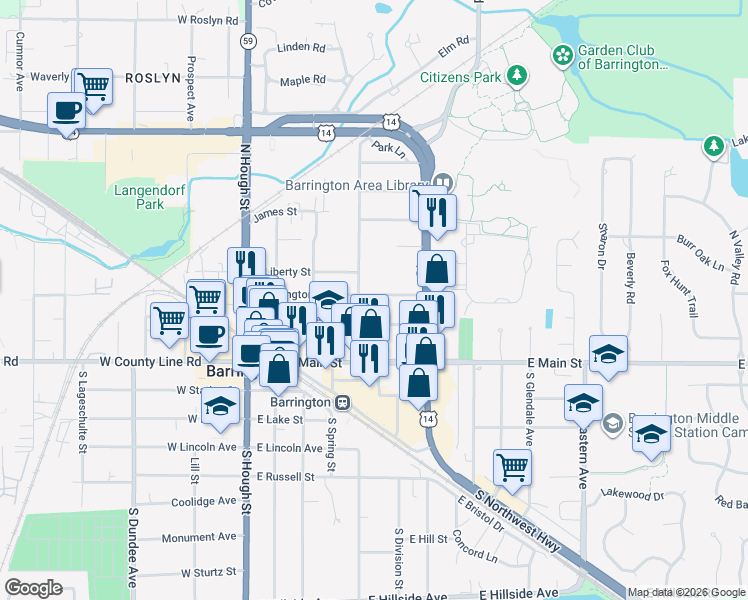 map of restaurants, bars, coffee shops, grocery stores, and more near 207 North Avenue in Barrington