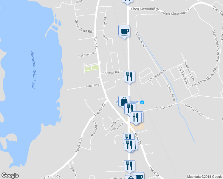 map of restaurants, bars, coffee shops, grocery stores, and more near 23 Barbara Lane in Weymouth
