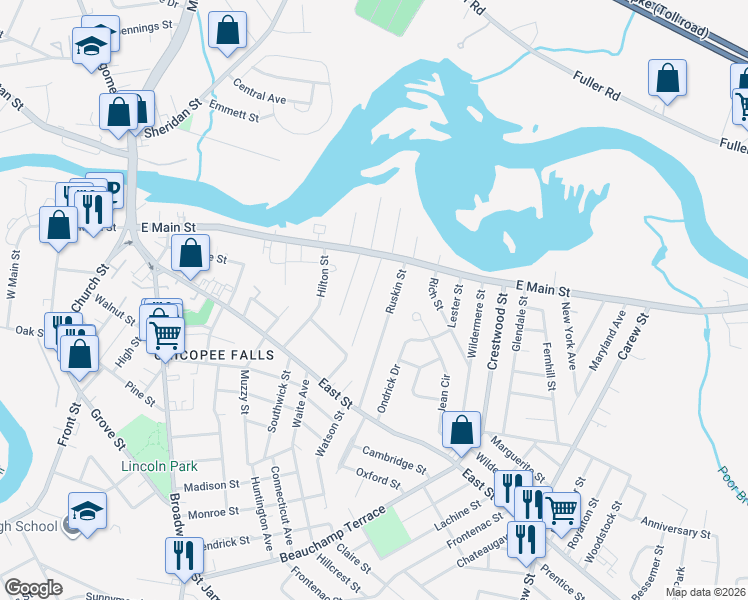map of restaurants, bars, coffee shops, grocery stores, and more near 61 Sunnyside Street in Chicopee